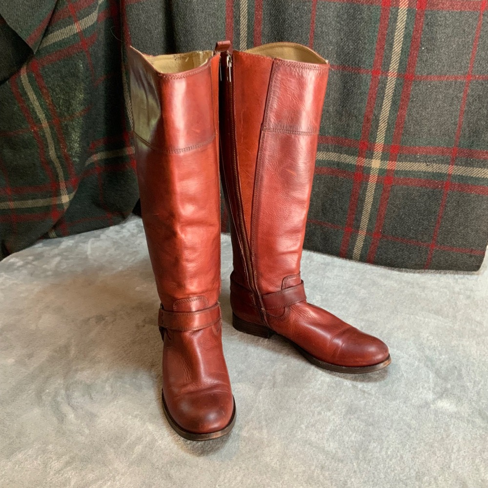 Frye Melissa Button Back Zip Wide Calf Leather Boots Redwood 76927 Womens 9 B